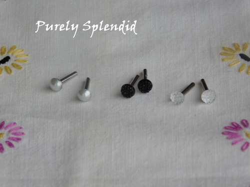 Black and white 2mm stud earrings for 18 inch girl dolls - set of 3 pairs pearl, black bumpy and crystal bumpy, American made | Purely Splendid

