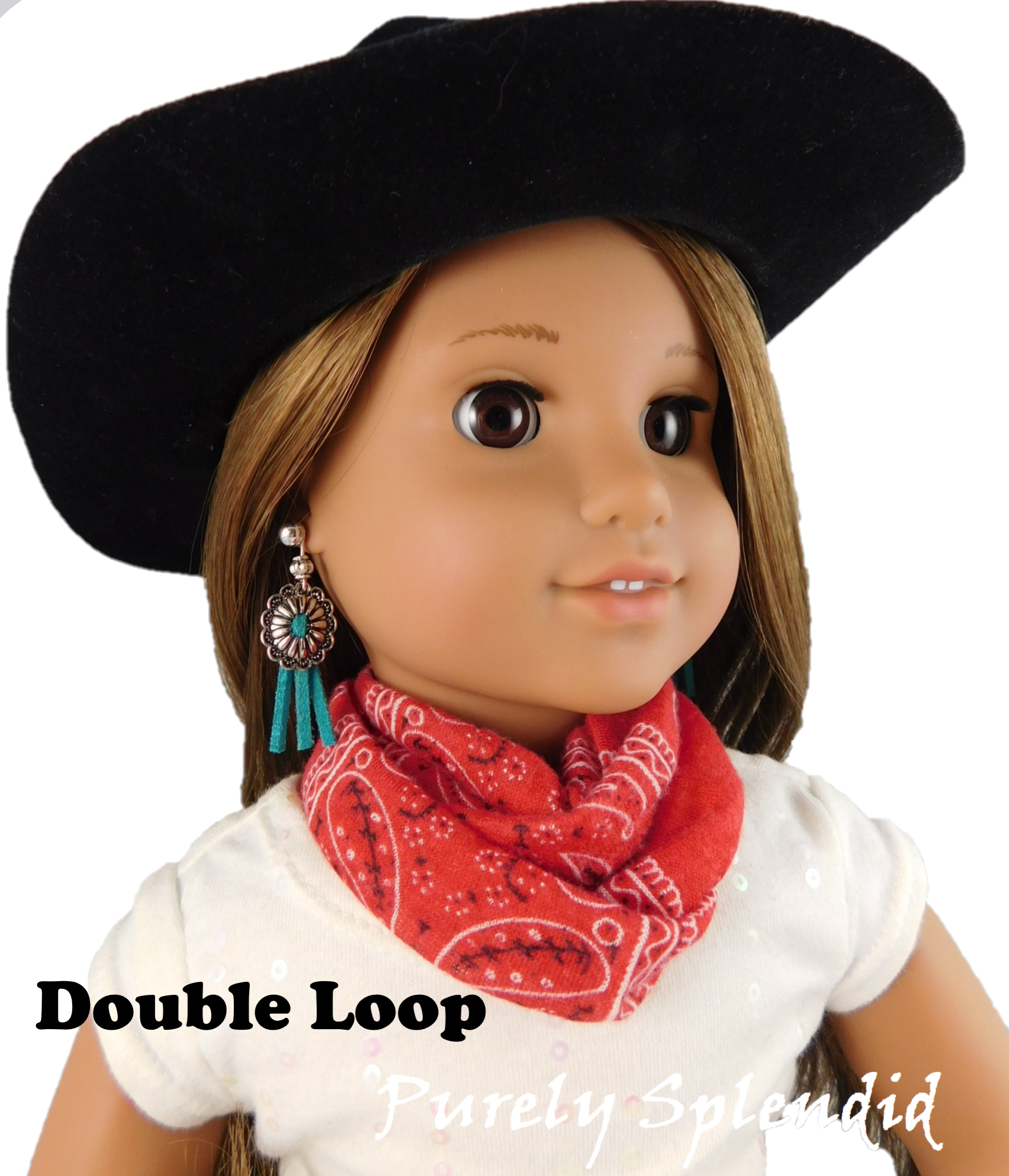 Red Bandana Infinite Scarf worn as a Double Loop on an 18 inch doll