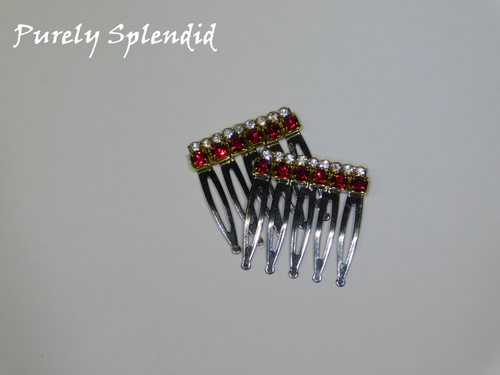 One row of Sparkling Red Rhinestones and one row of Crystal Rhinestones on a 1 inch metal comb, set of two