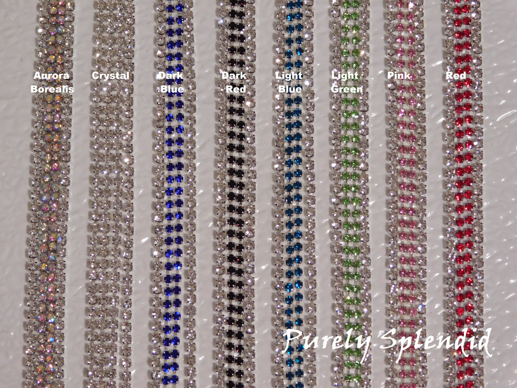 Color chart of Rhinestone options - Aurora Borealis, Crystal, Dark Blue, Dark Red, Light Blue, Light Green, Pink and Red