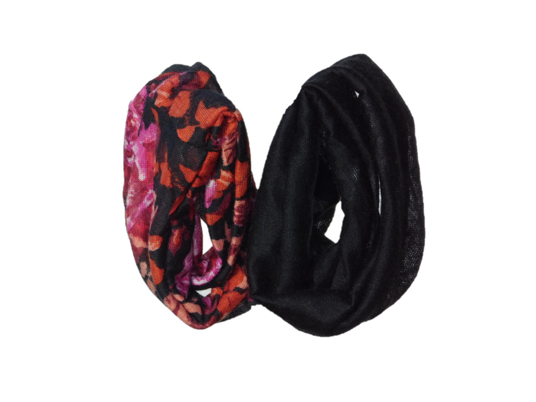Black and Pink Floral Scarves shown on a white background