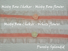 Load image into Gallery viewer, two lacy misty rose velvet chokers shown, one with a misty rose colored rose flower in the center and the other with a white rose flower in the center
