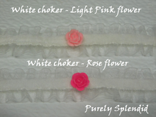 Load image into Gallery viewer, two lacy white velvet chokers shown one with a light pink center flower and the other with a rose colored centered flower
