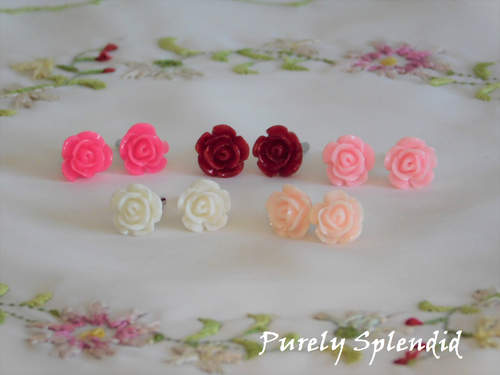 Five pairs of Rose Studs, Rose, Red, Light Pink, White and Misty Rose