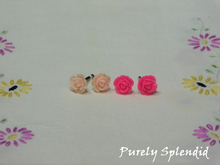 Load image into Gallery viewer, two pairs of Rose Stud Earrings shown on a white background. Colors available Misty Rose and Rose
