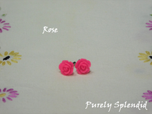 Load image into Gallery viewer, Rose colored Rose Stud Earrings shown on a white background
