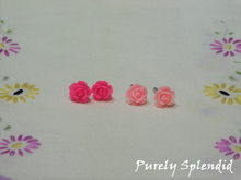 Load image into Gallery viewer, two pairs of Rose Stud Earrings shown on a white background. Colors available Rose and Light Rose
