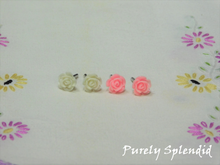 Load image into Gallery viewer, two pairs of Rose Stud Earrings shown on a white background - colors available white and light pink
