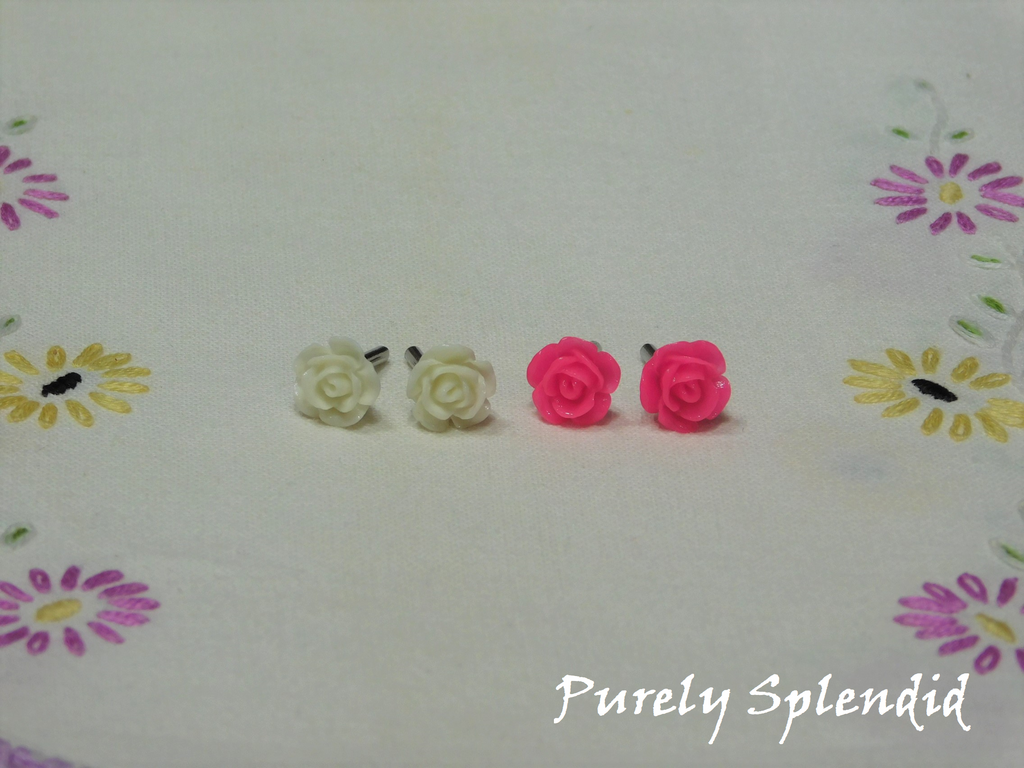 two pairs of Rose Stud Earrings White and Rose for dolls