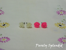 Load image into Gallery viewer, two pairs of Rose Stud Earrings shown on a white background - colors available White and Rose
