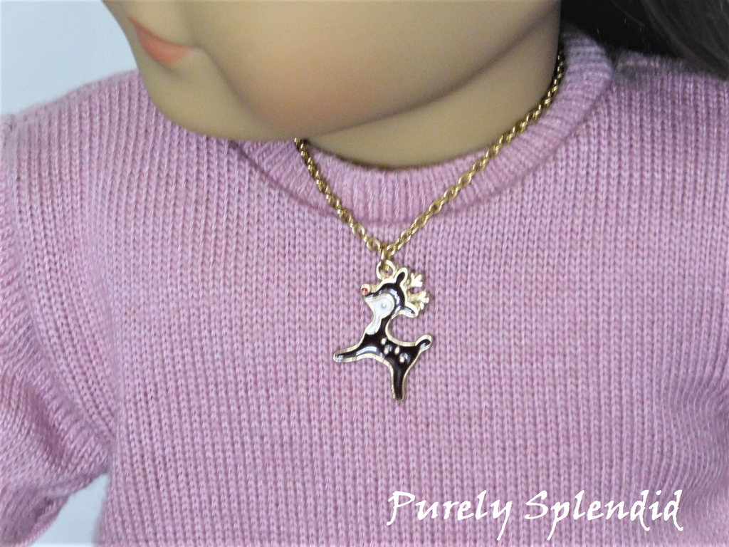 18 inch doll shown wearing a Rudolph Reindeer Necklace