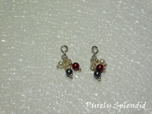 Load image into Gallery viewer, three pearl like bead make up these Scarlet and Gray Pearl Earring Dangles - colors of the beads -white, scarlet and gray
