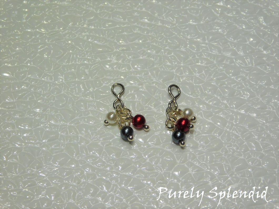 three pearl like bead make up these Scarlet and Gray Pearl Earring Dangles - colors of the beads -white, scarlet and gray