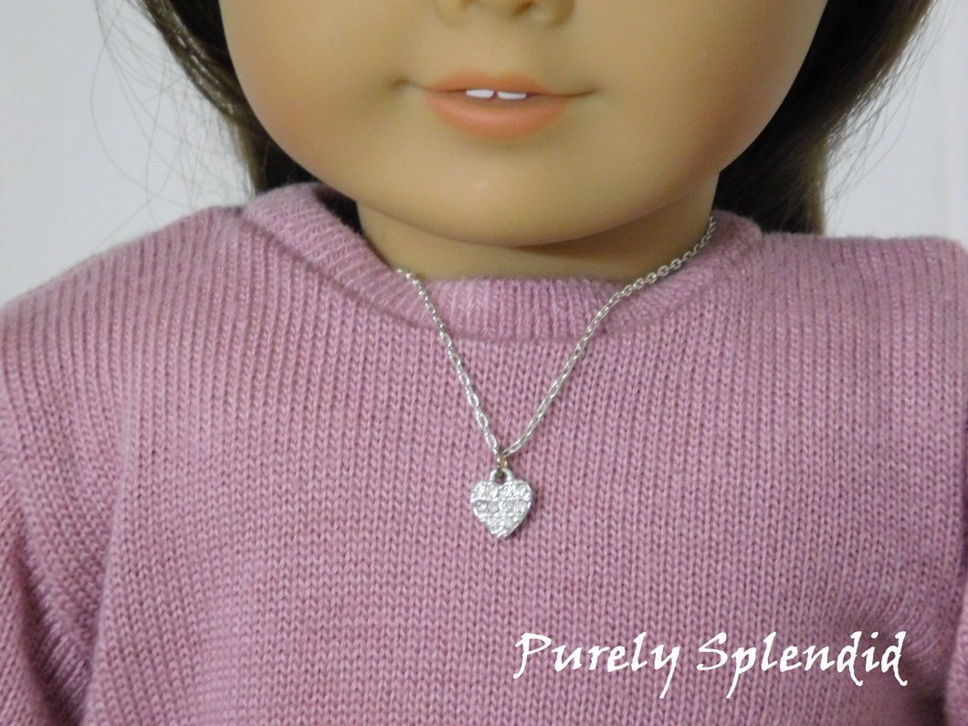 18 inch doll shown wearing a Silver Sparkling Heart Necklace