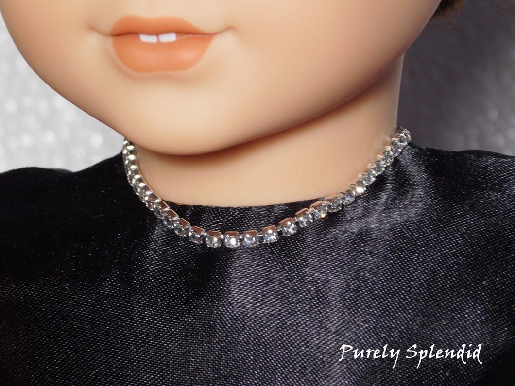 18 inch doll shown wearing a Single Strand Silver Rhinestone Choker Necklace