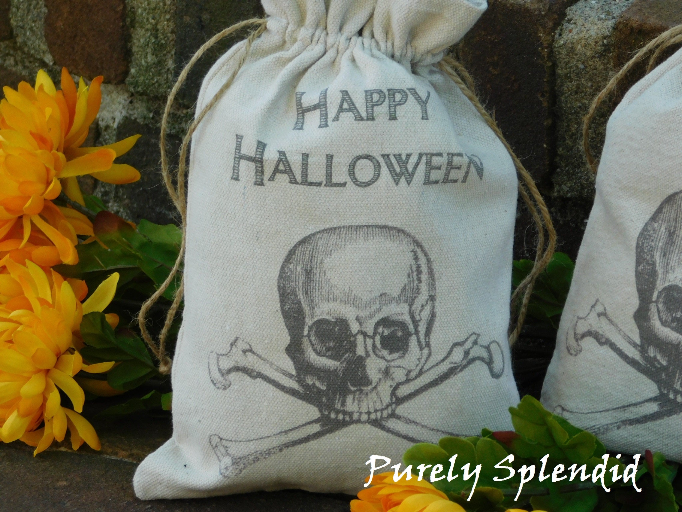 Happy Halloween Skull and Crossbones fabric gift bag 