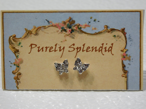 Sparkling silver colored Butterfly 2mm Stud Earrings shown on a Purely Splendid presentation card