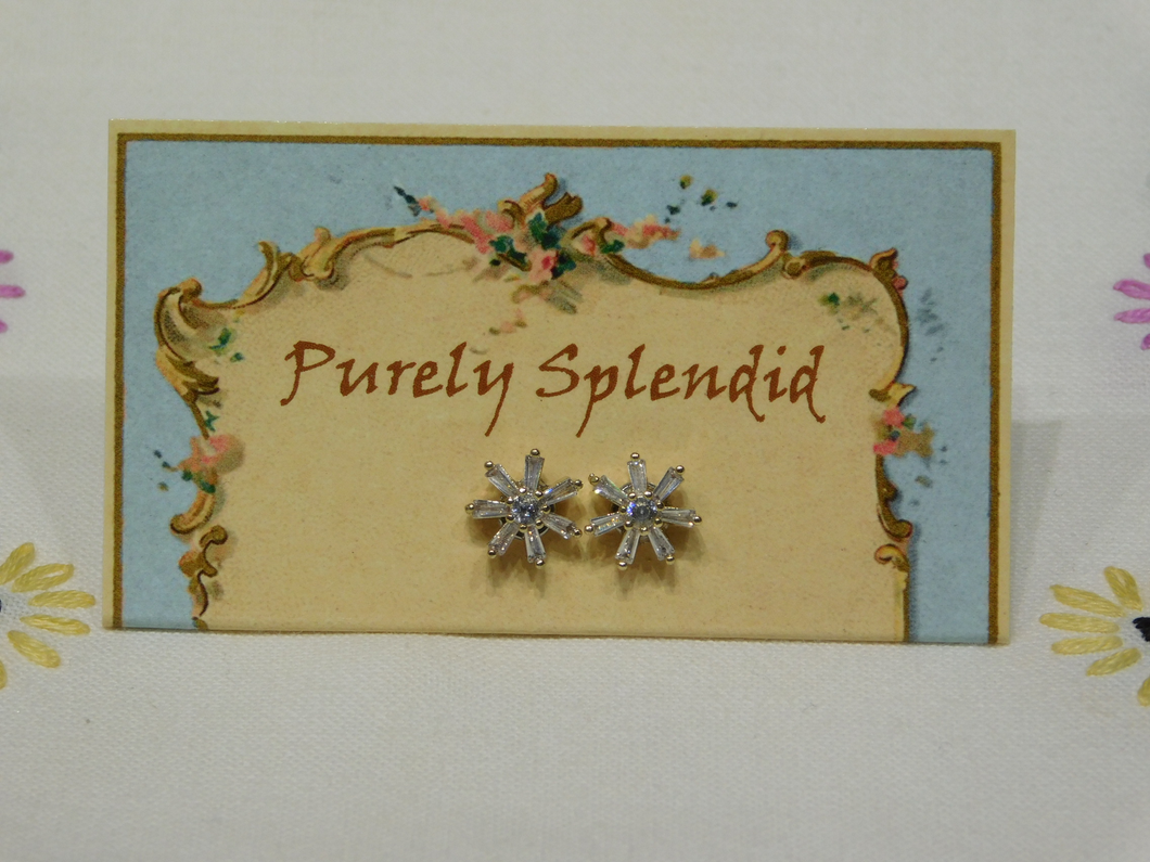 Beautiful Sparkling Crystal Flower Studs that look like a snowflake shown on a Purely Splendid presentation card