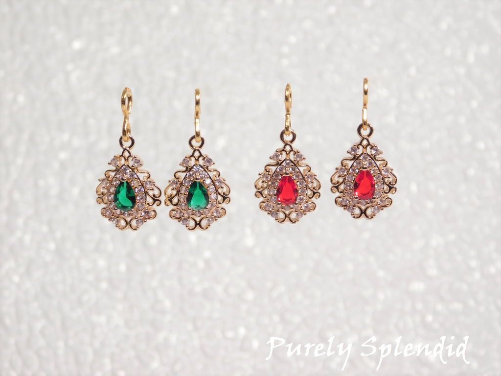 Sparkling Green and Sparkling Red Glamour Earrings shown on a white background