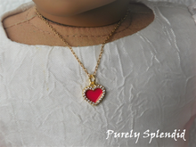 Load image into Gallery viewer, 18 inch doll shown wearing a red heart necklace outlined with sparkling cubic zirconia crystals
