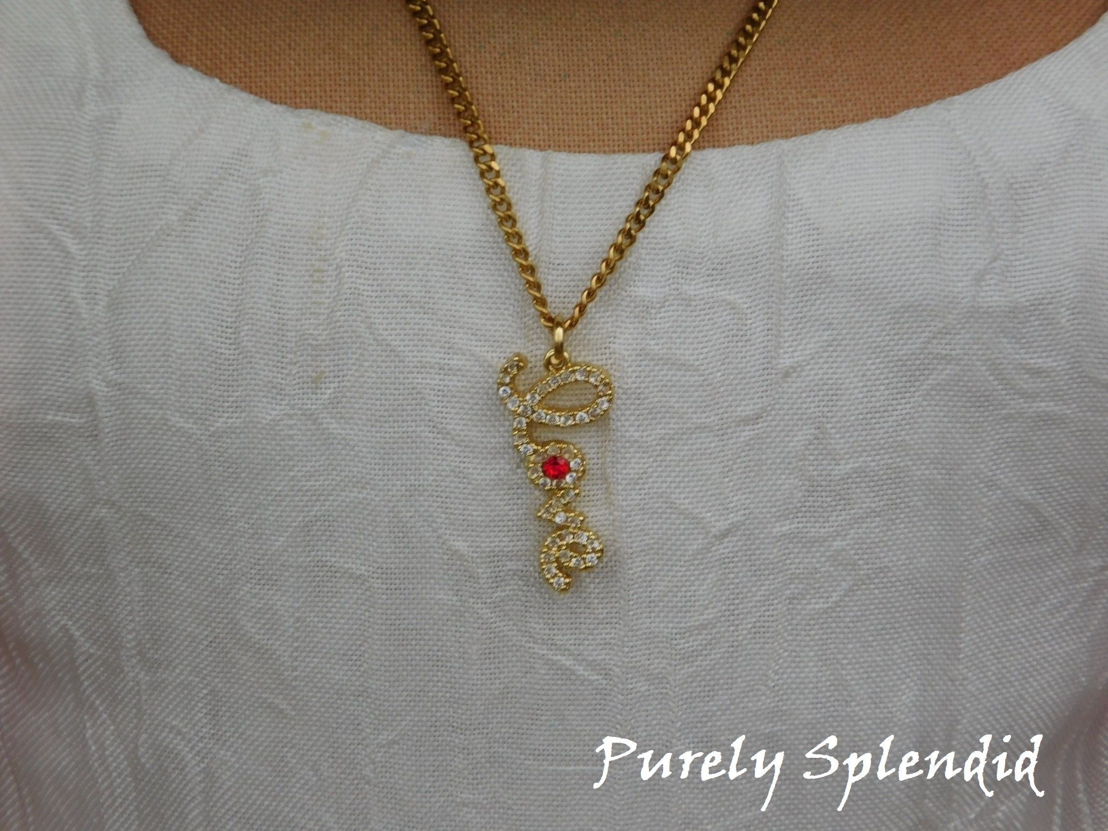 18 inch girl doll LOVE necklace | American made gold script with red sparkling center | Purely Splendid

