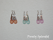 Load image into Gallery viewer, Coral, Aqua &amp; Rose Sparkling Pastel Drop Earrings shown - a beautiful rhinestone flower tops these pastel drops
