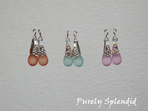 Coral, Aqua & Rose Sparkling Pastel Drop Earrings shown - a beautiful rhinestone flower tops these pastel drops
