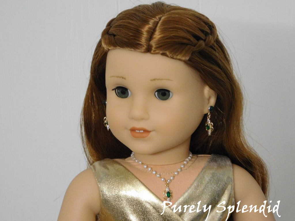 18 inch doll shown wearing Sparkling Pearl Evening Necklace with Emerald Pendant and matching Emerald Earrings 