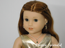 Load image into Gallery viewer, 18 inch doll shown wearing Sparkling Pearl Evening Necklace with Emerald Pendant and matching Emerald Earrings 
