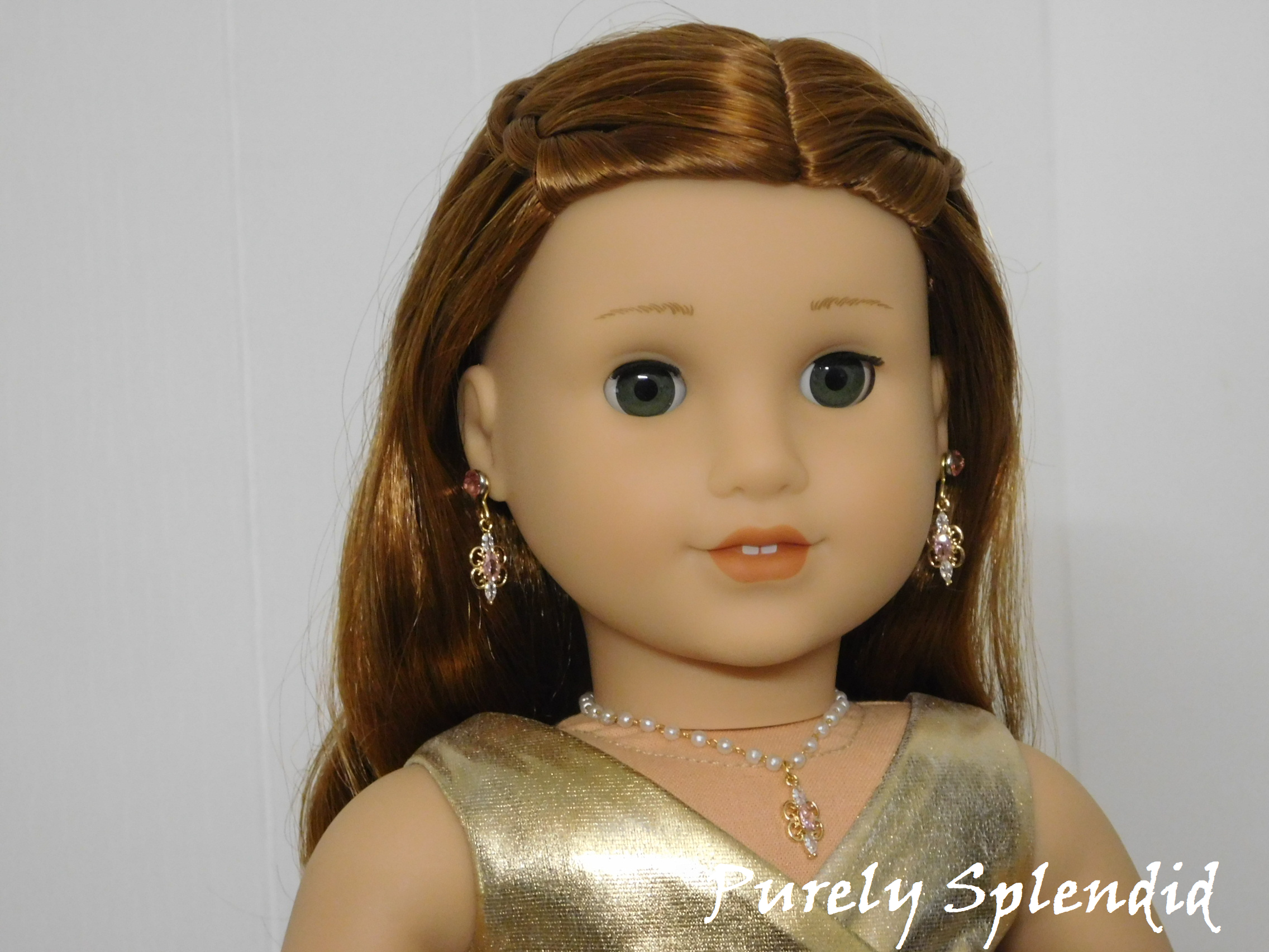18 inch doll shown wearing Sparkling Pearl Evening Necklace with Light Pink Pendant and matching Light Pink Earrings 