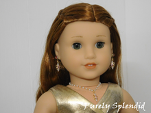 Load image into Gallery viewer, 18 inch doll shown wearing Sparkling Pearl Evening Necklace with Light Pink Pendant and matching Light Pink Earrings 
