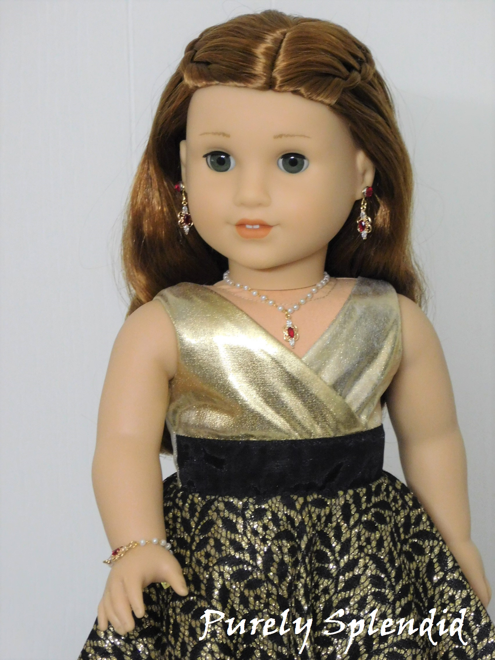 18 inch doll shown wearing Sparkling Pearl Evening Necklace with Ruby Pendant and matching Ruby Earrings 