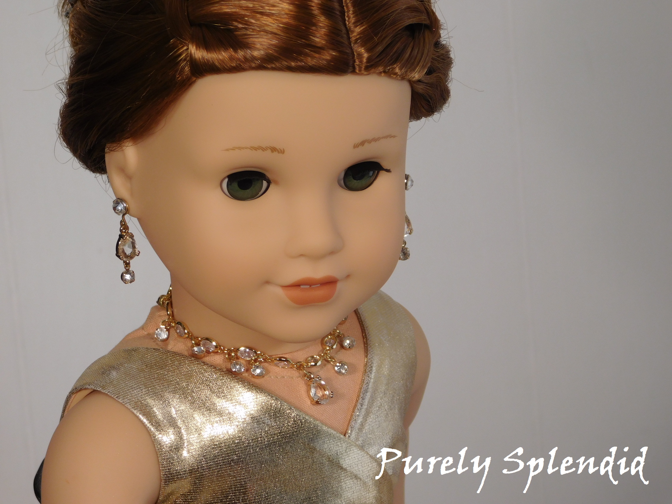 18 inch doll shown wearing the Sparkling Royalty Necklace and earrings