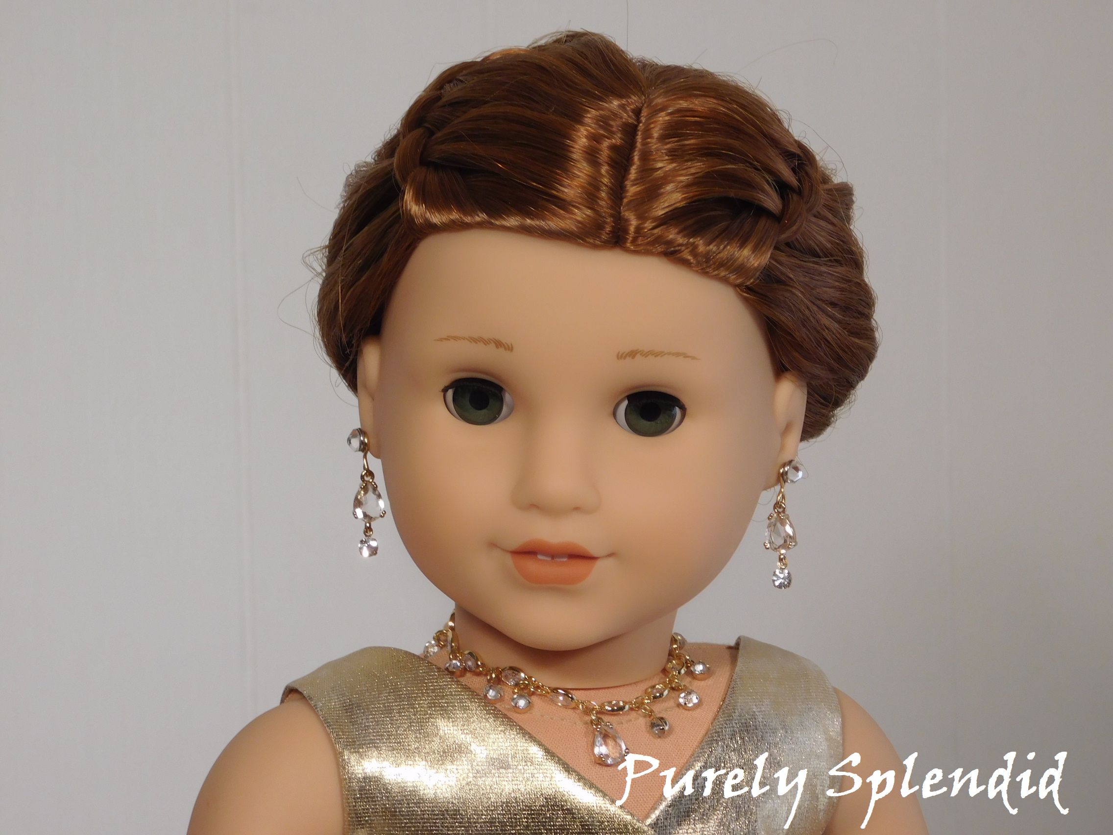 18 inch doll shown wearing the Sparkling Royalty Necklace and Super Sparkling 2mm Studs and a pair of Earring Dangles