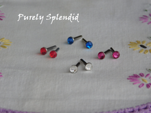 Load image into Gallery viewer, Sparkling Classic Colors Stud Earrings, Capri Blue, Crystal, Fuchsia and Light Siam for dolls
