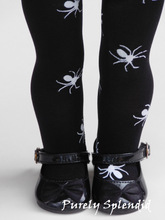 Load image into Gallery viewer, 18 inch doll shown wearing a pair of Black Tights with white spiders.
