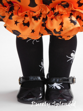 Load image into Gallery viewer, 18 inch doll wearing a orange and black Halloween party dress and a pair of Spider Tights
