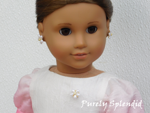 Load image into Gallery viewer, 18 inch doll shown wearing 2mm White Daisy Stud Earrings and matching Brooch
