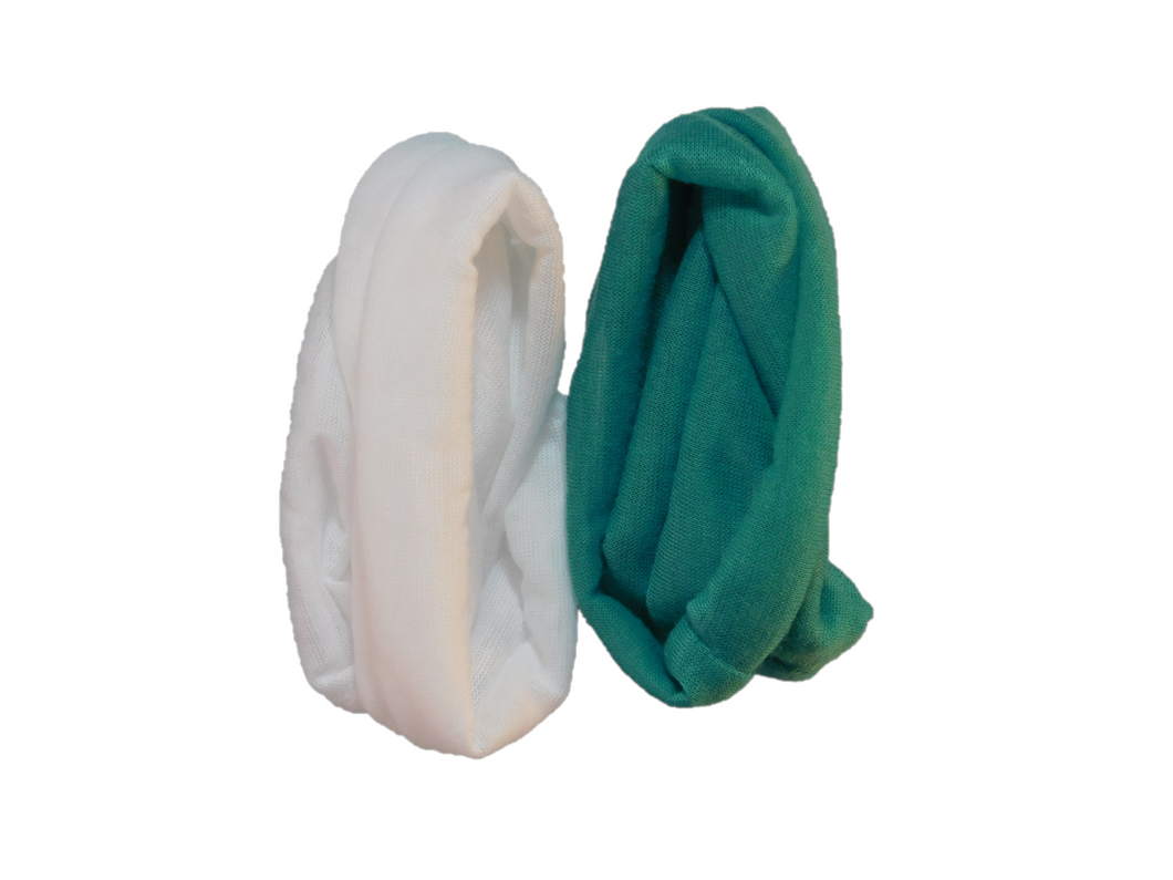 White and Sea Green Infinite Scarves shown on a white background