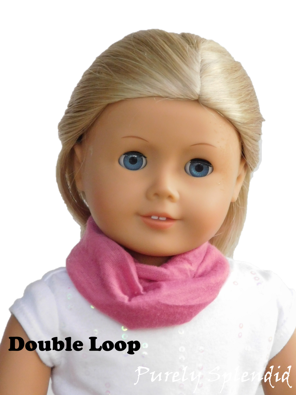 Rose Infinite Scarf worn as a Double Loop on an 18 inch doll